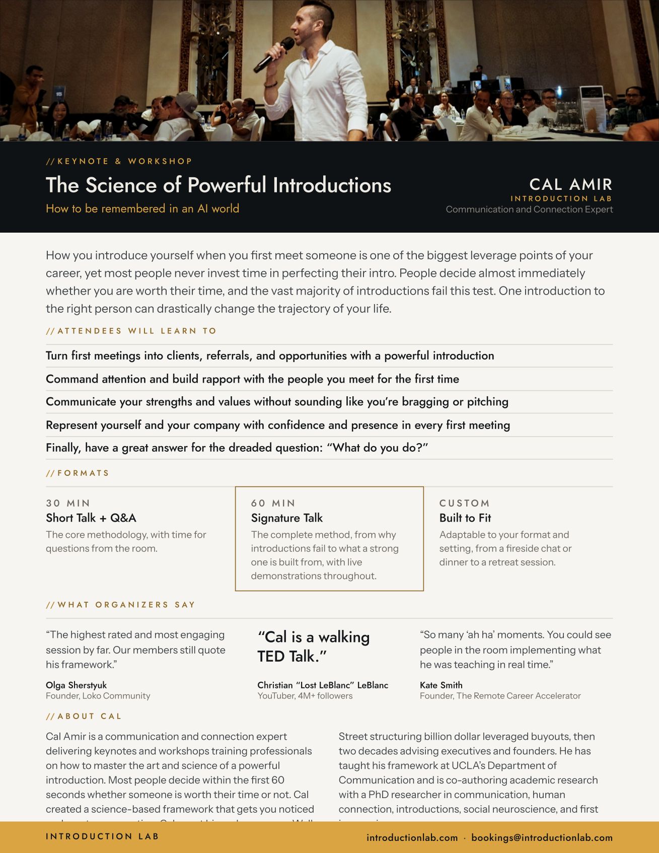 Cal Amir speaker sheet, one page overview